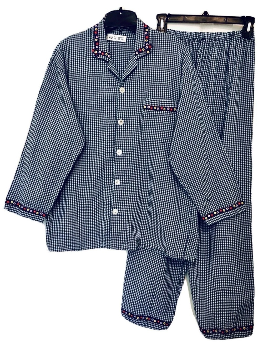 Ban Jia Mao Womens Size M-L Vintage 90s Houndstooth Plaid Floral Ribbon  Pajamas